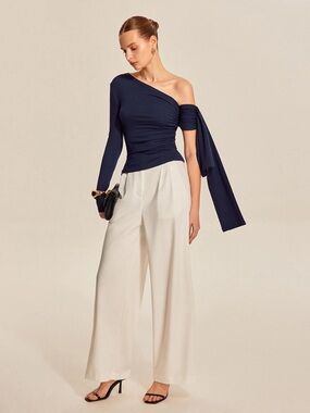 Commense Navy One-Shoulder Long Sleeve Top with Draped Tie